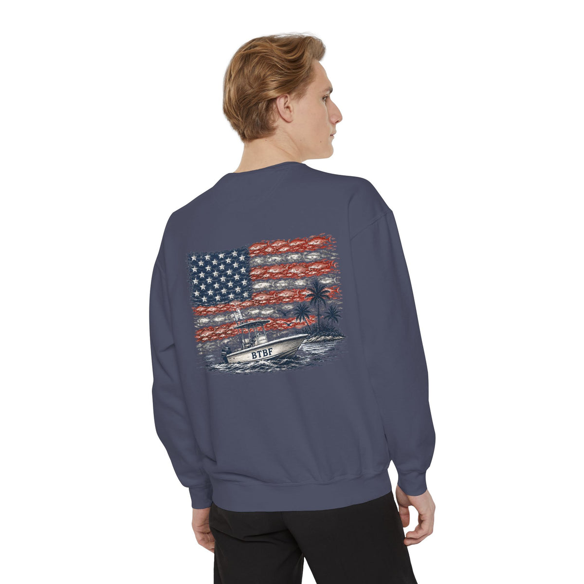 Sweatshirt — BTBF American Flag Boat Graphic Crewneck