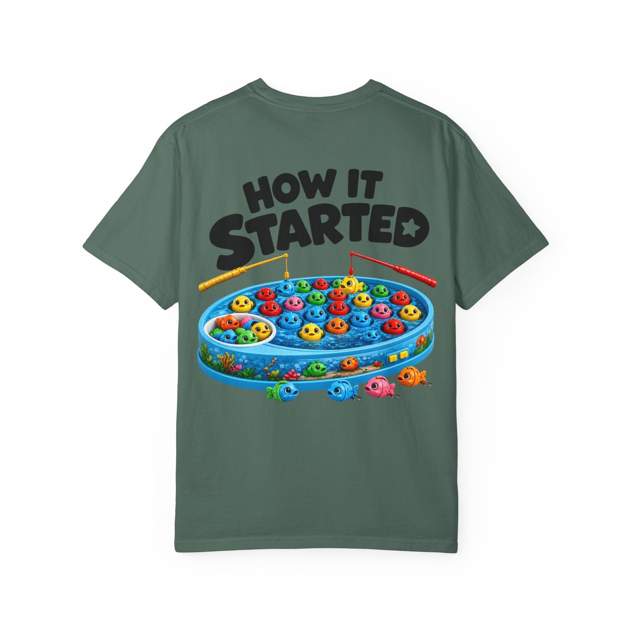 T-Shirt — "BTBF" Front / "How It Started" Fishing Game Back Graphic