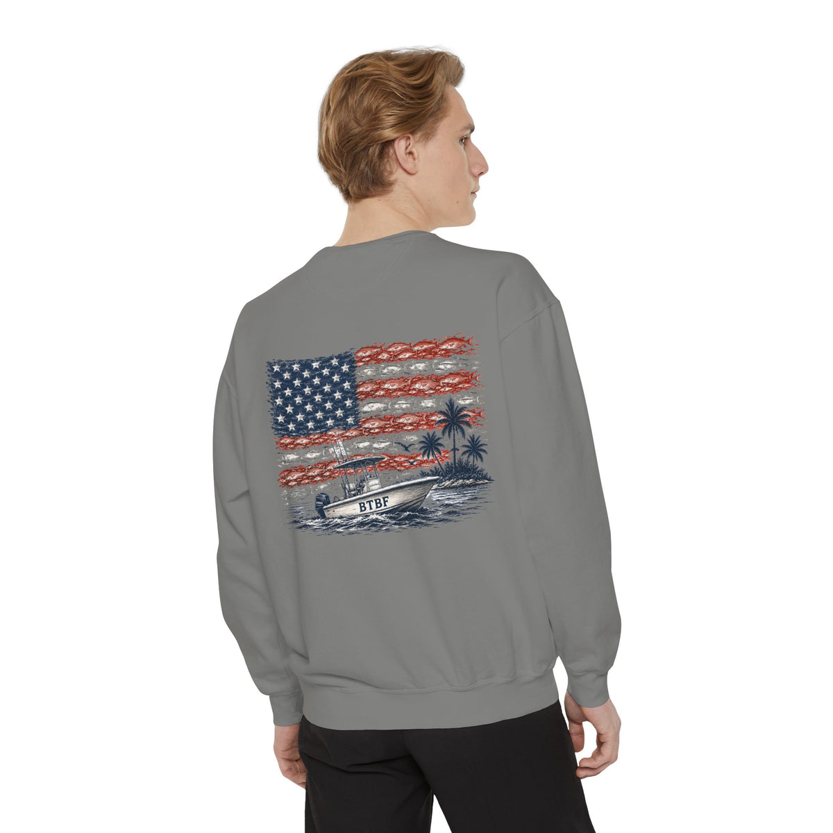 Sweatshirt — BTBF American Flag Boat Graphic Crewneck
