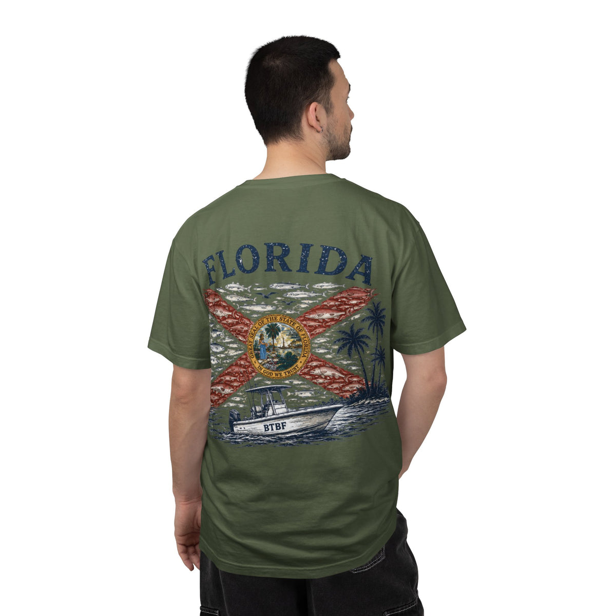 Florida Vintage Flag T‑Shirt — 'BTBF' Boat Graphic