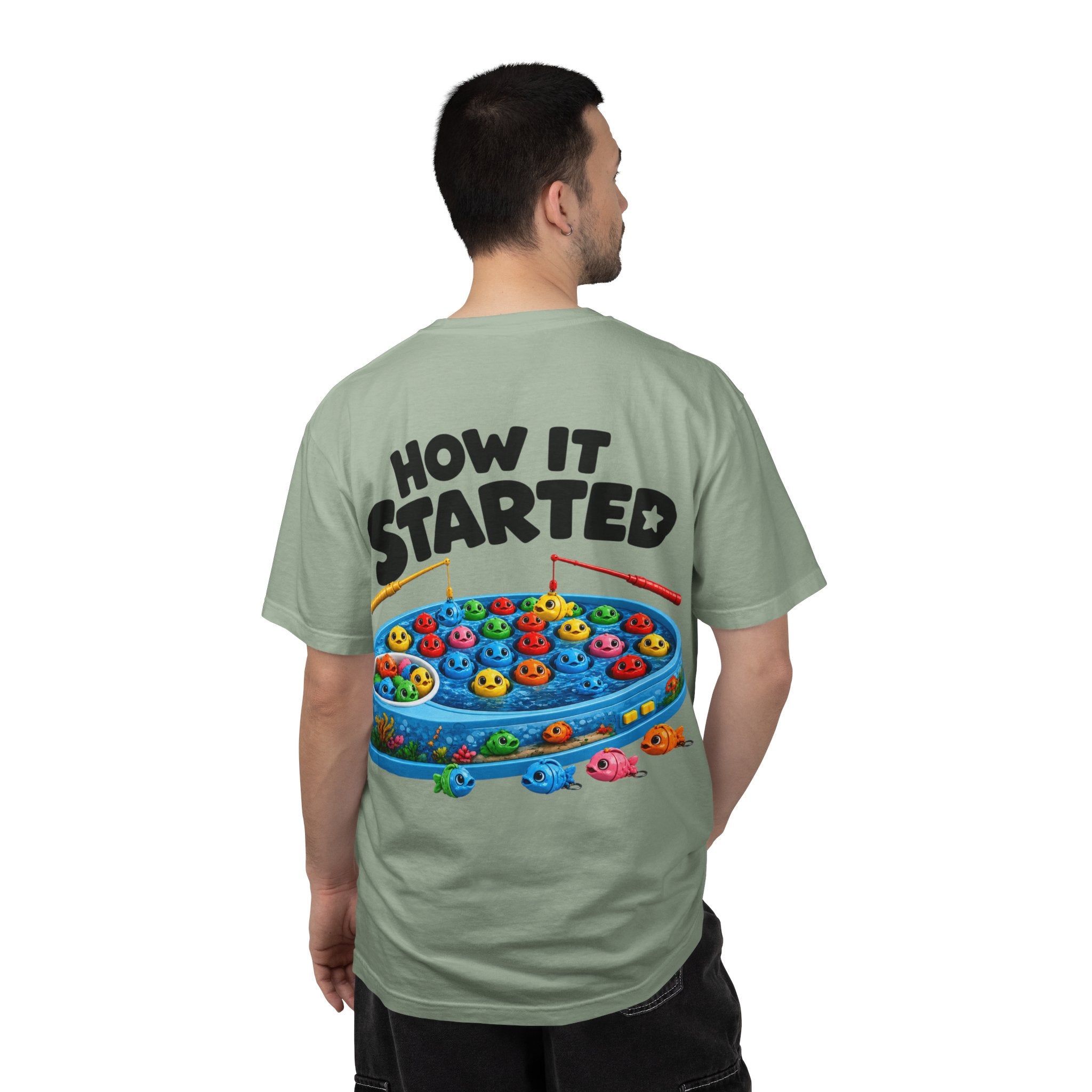 T-Shirt — "BTBF" Front / "How It Started" Fishing Game Back Graphic
