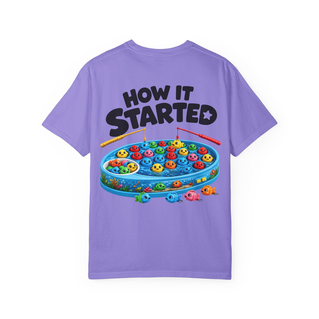 T-Shirt — "BTBF" Front / "How It Started" Fishing Game Back Graphic