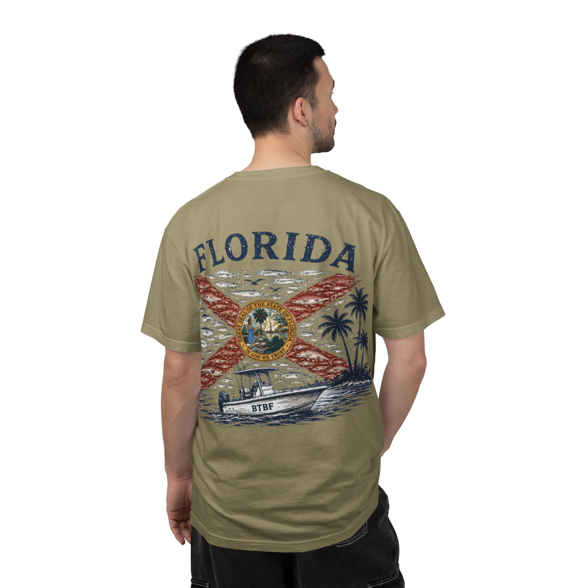 Florida Vintage Flag T‑Shirt — 'BTBF' Boat Graphic