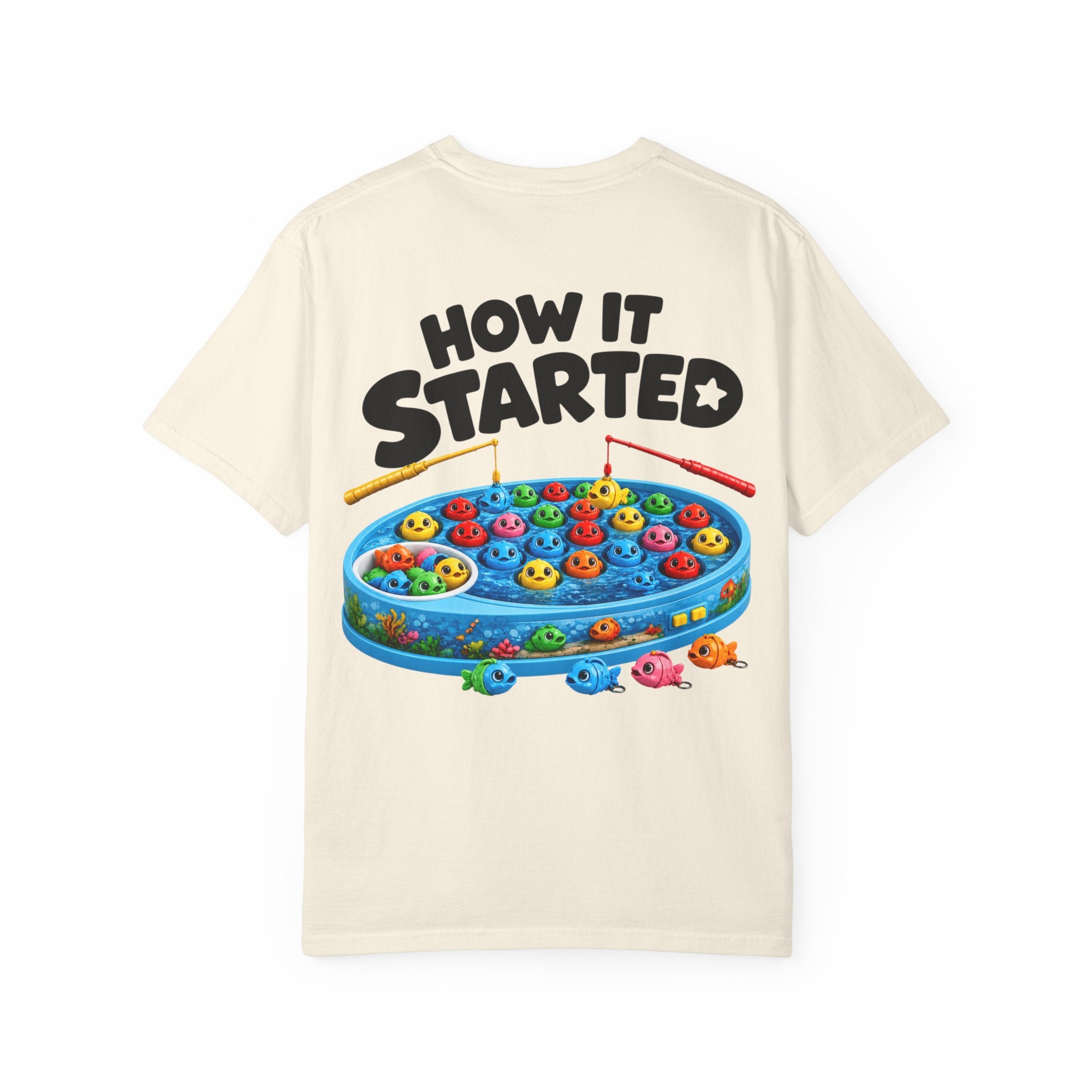 T-Shirt — "BTBF" Front / "How It Started" Fishing Game Back Graphic