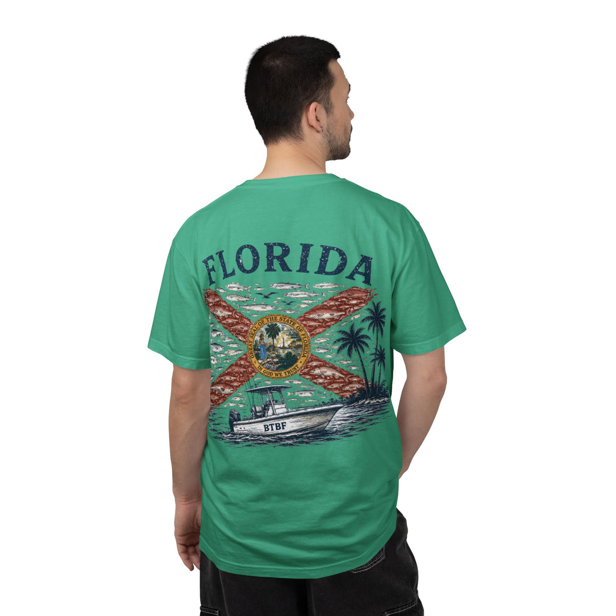 Florida Vintage Flag T‑Shirt — 'BTBF' Boat Graphic