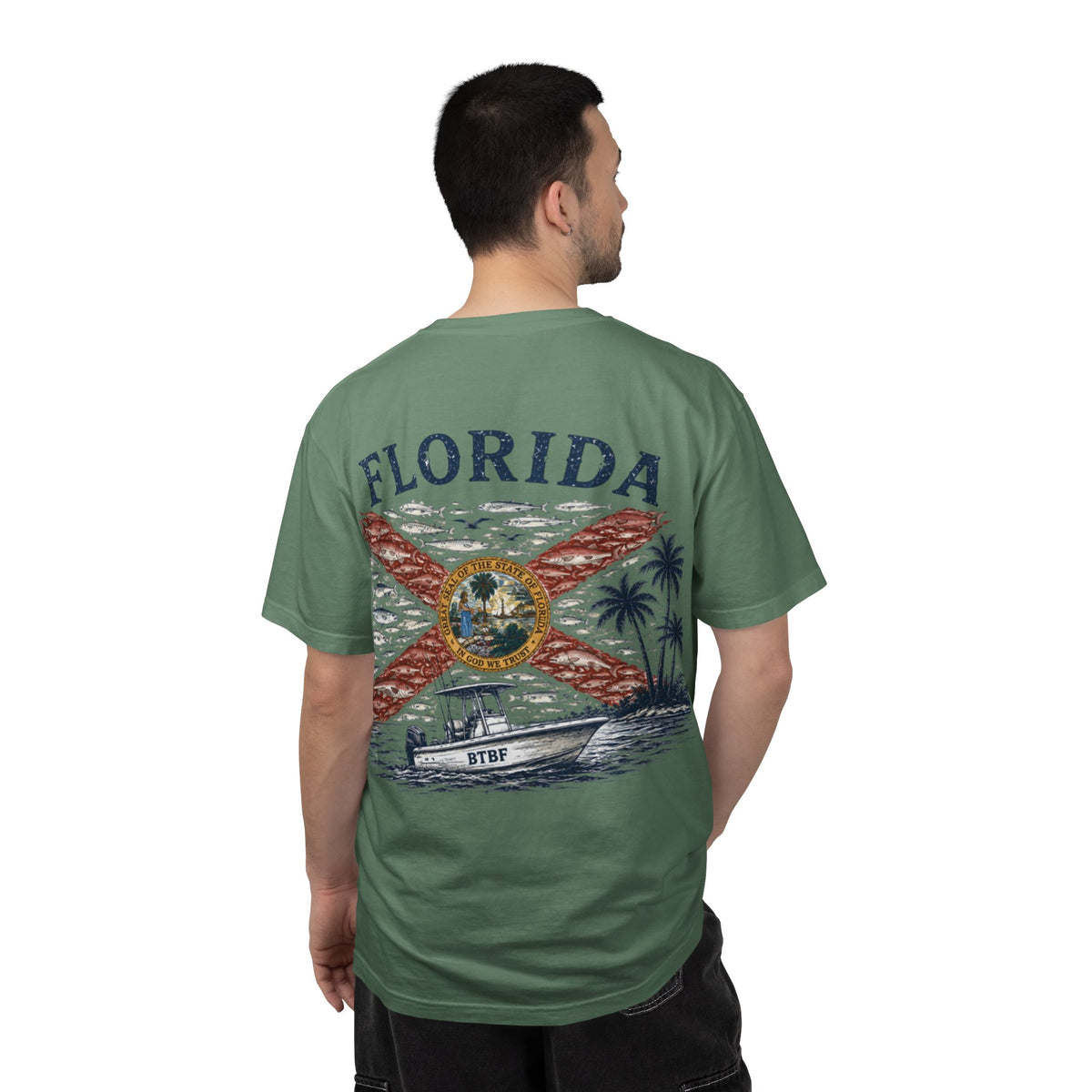 Florida Vintage Flag T‑Shirt — 'BTBF' Boat Graphic