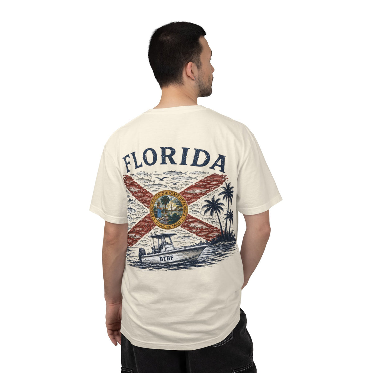 Florida Vintage Flag T‑Shirt — 'BTBF' Boat Graphic