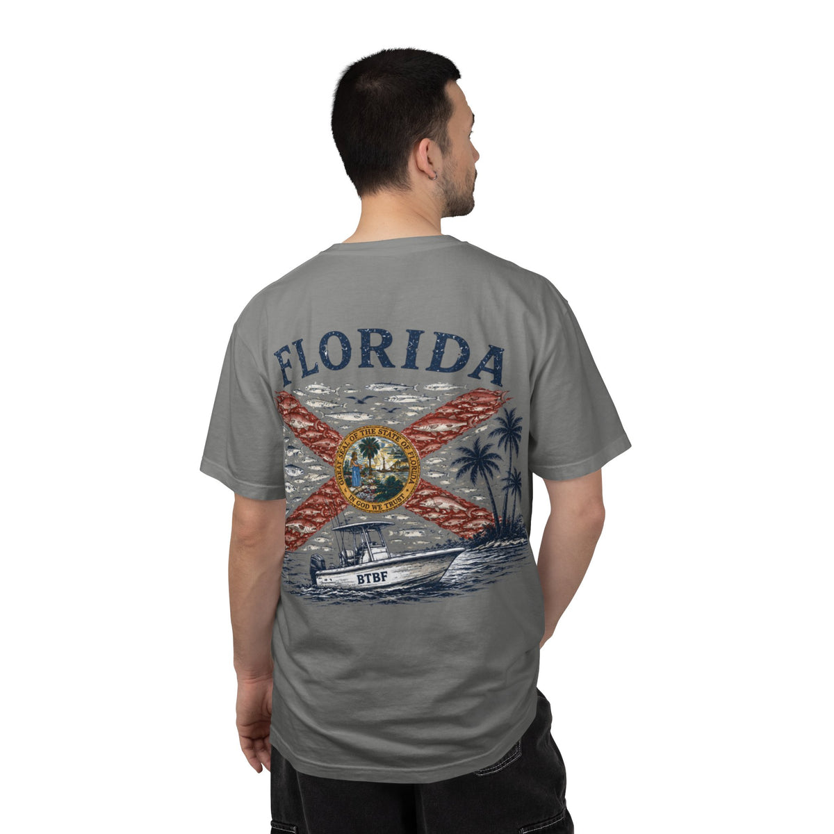 Florida Vintage Flag T‑Shirt — 'BTBF' Boat Graphic