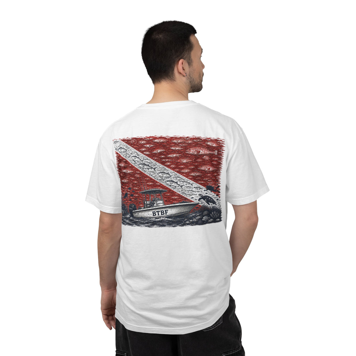 BTBF Dive Flag T-Shirt — Back Graphic Boat & Scuba Flag Tee
