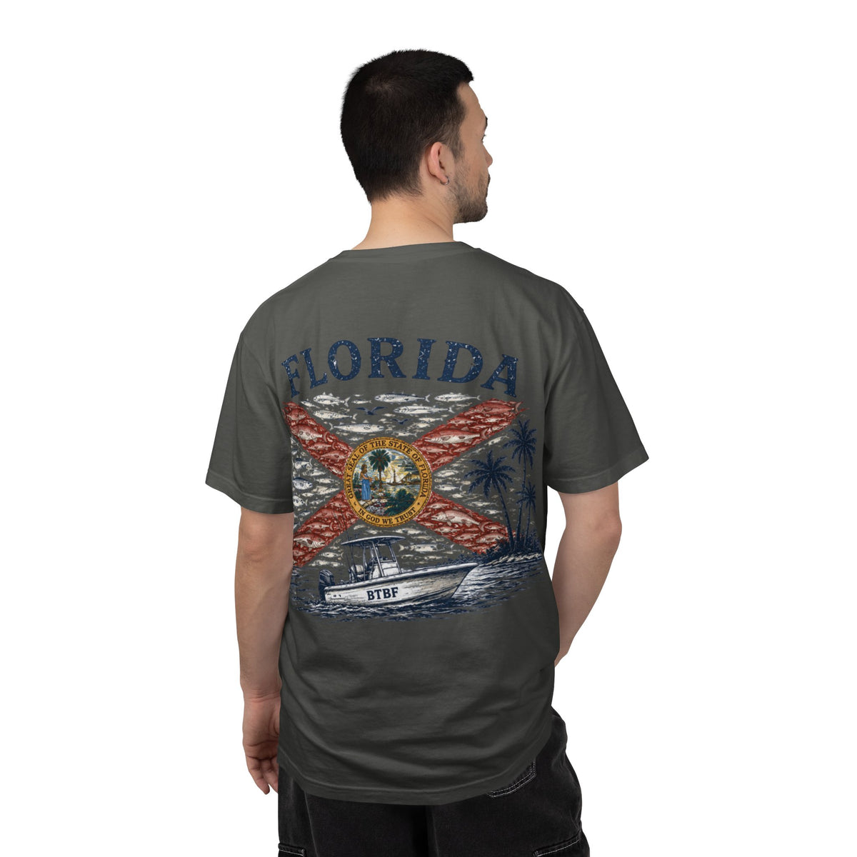 Florida Vintage Flag T‑Shirt — 'BTBF' Boat Graphic