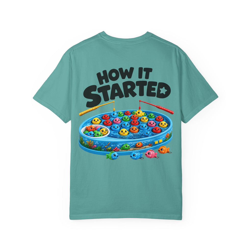 T-Shirt — "BTBF" Front / "How It Started" Fishing Game Back Graphic