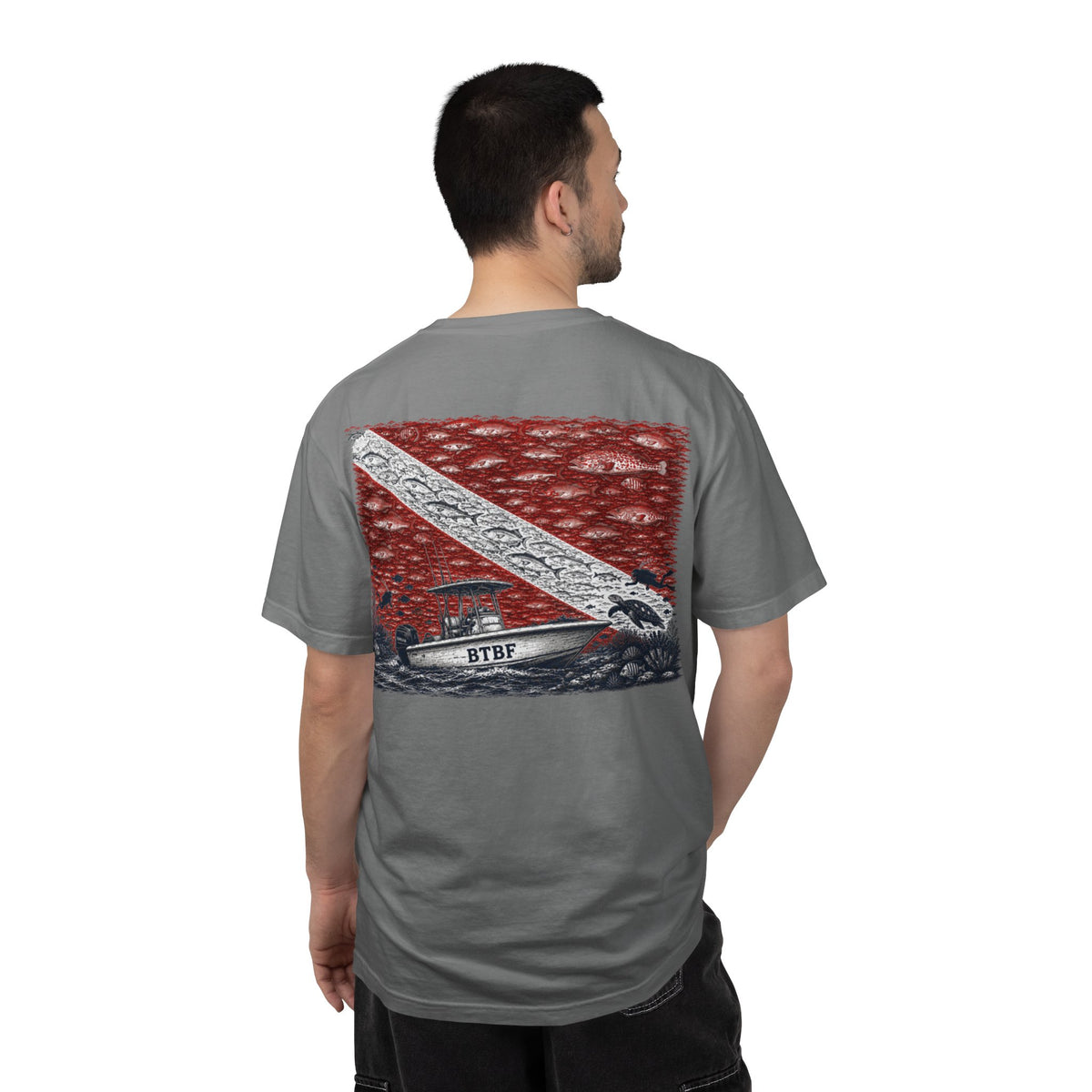 BTBF Dive Flag T-Shirt — Back Graphic Boat & Scuba Flag Tee