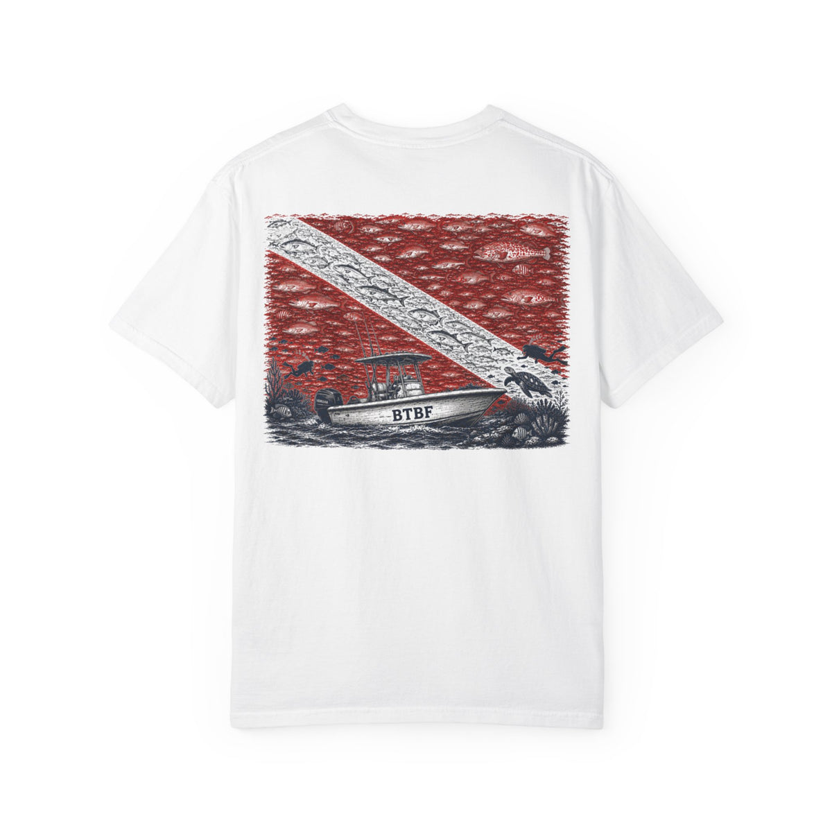 BTBF Dive Flag T-Shirt — Back Graphic Boat & Scuba Flag Tee