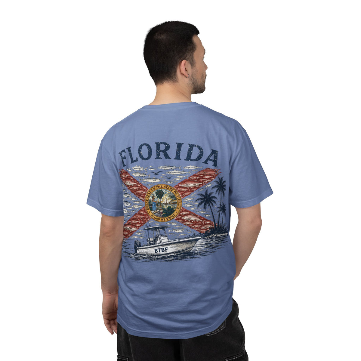 Florida Vintage Flag T‑Shirt — 'BTBF' Boat Graphic