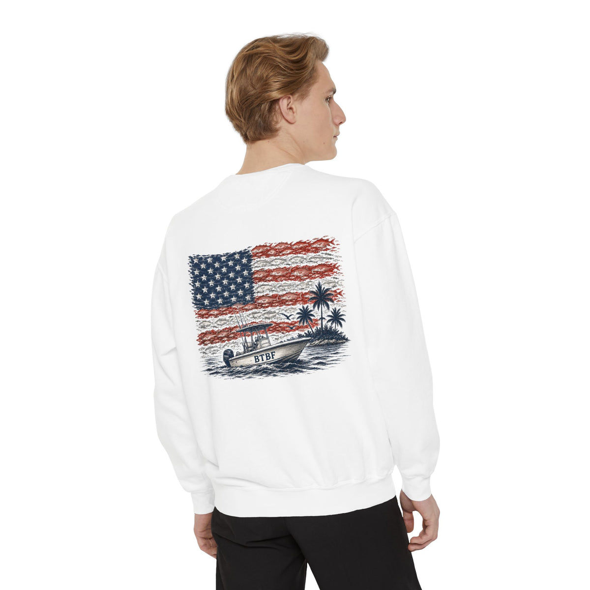 Sweatshirt — BTBF American Flag Boat Graphic Crewneck