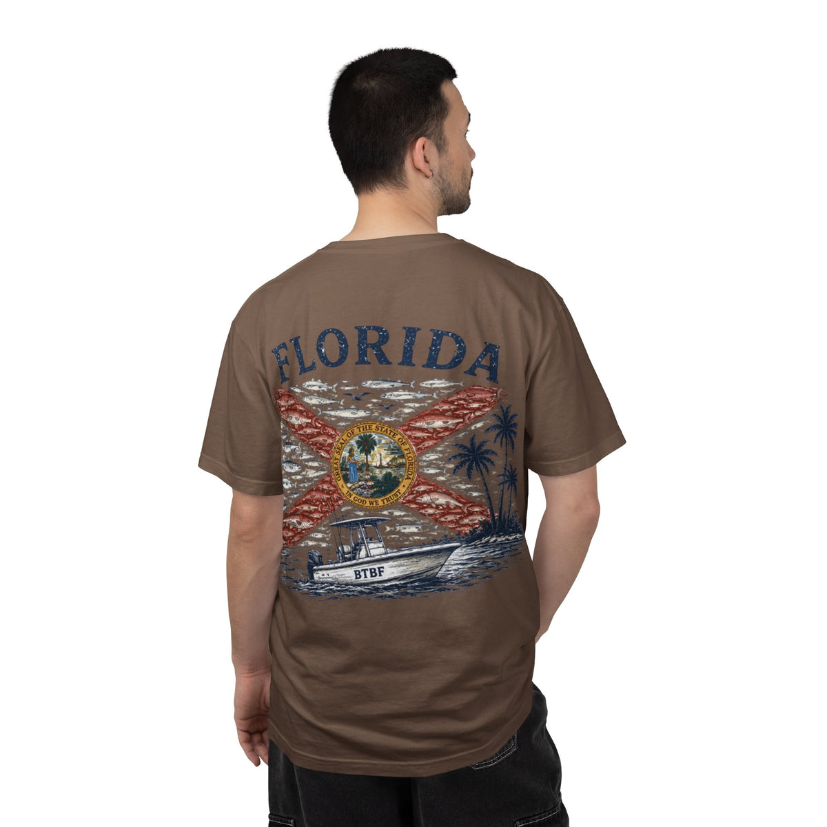 Florida Vintage Flag T‑Shirt — 'BTBF' Boat Graphic