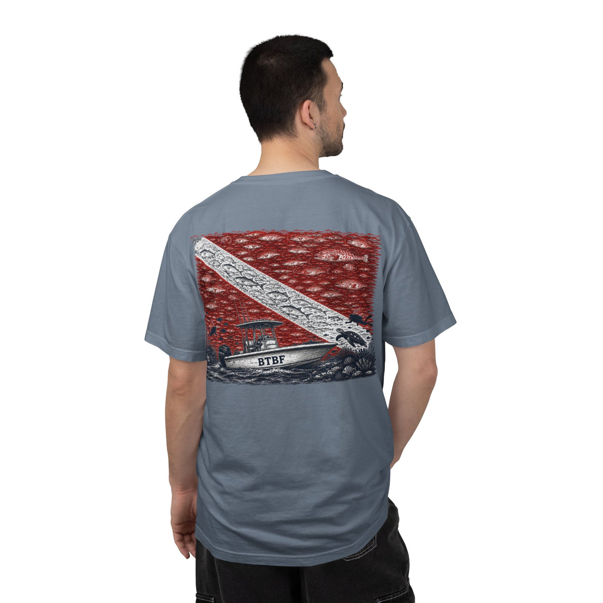 BTBF Dive Flag T-Shirt — Back Graphic Boat & Scuba Flag Tee