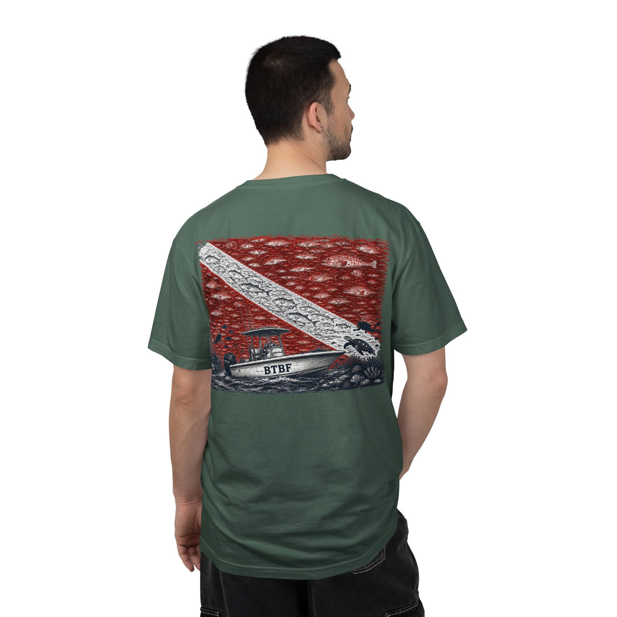 BTBF Dive Flag T-Shirt — Back Graphic Boat & Scuba Flag Tee